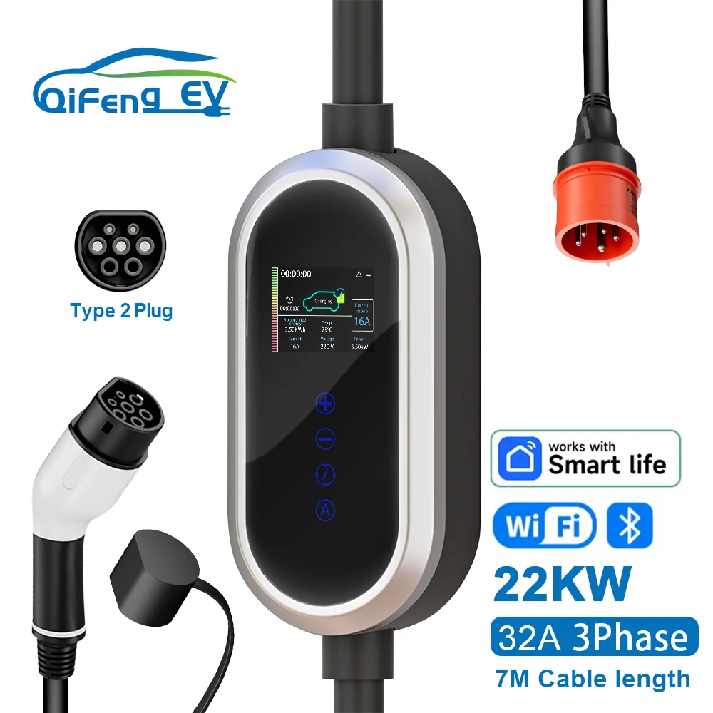 

QiFeng EV 32A 22KW 3Phase Type2 Portable EV Charger EVSE Charging Box WiFi APP Control Charging Station for Electric Car Charger