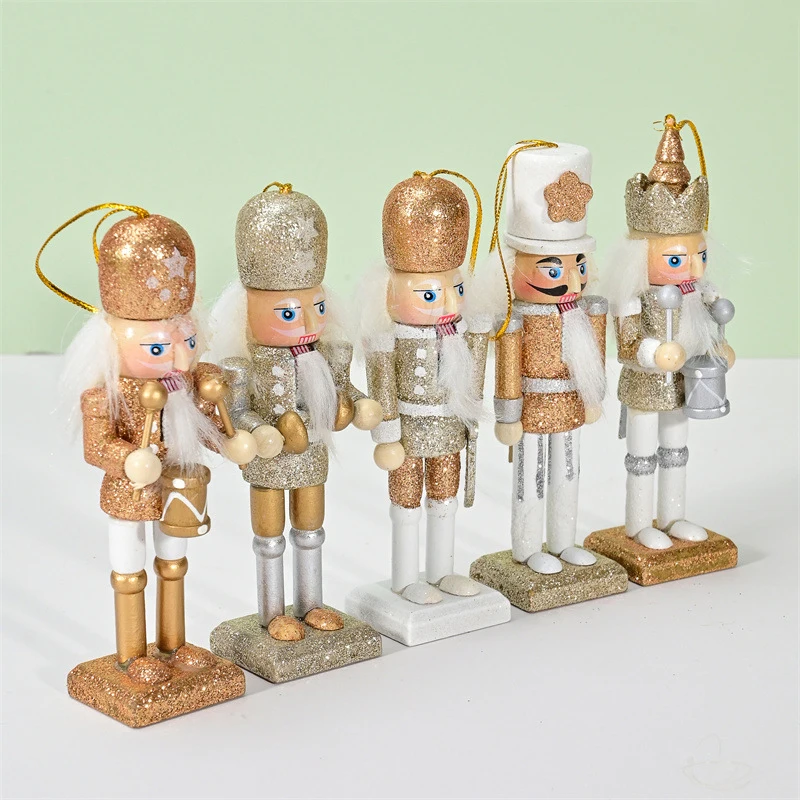 1Pc 12.5cm New Wooden Golden Nutcracker Soldier Puppet Figure Pendant Ornament Christmas Party Decor Supplies Gifts For Kids