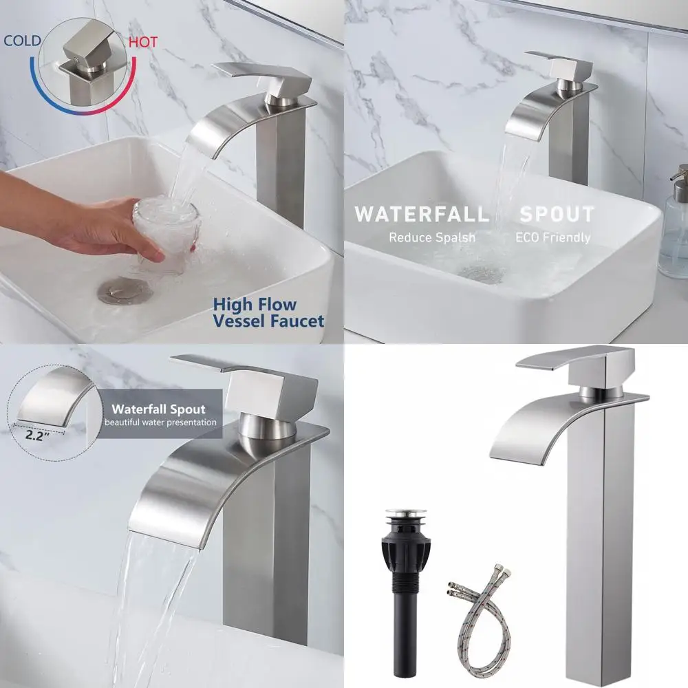 Grifo de lavabo de cascada de un solo mango alto de níquel cepillado con drenaje emergente para tocador de lavabo