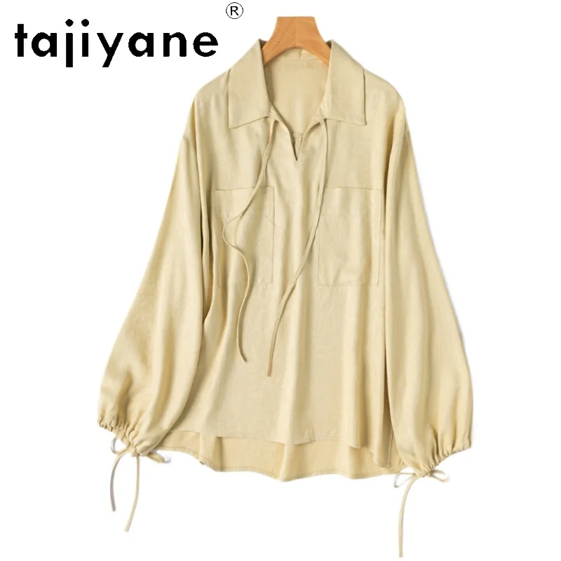 

TAJIYANE 100% Real Mulberry Silk Blouse Elegant V-neck Blouses Summer Spring Yellow Long Sleeve Tops 2025 Woman Clothes Блузка