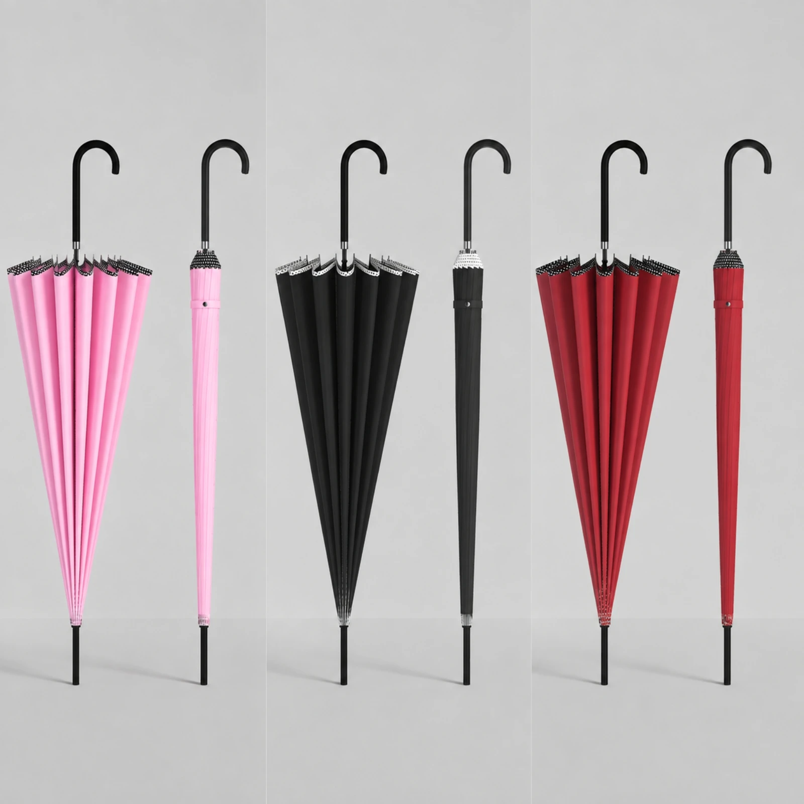 16 Rib Pagoda Umbrella for Rain and Sun Protection Tapered Canopy 190T Pongee with Curved PU Leather Handle