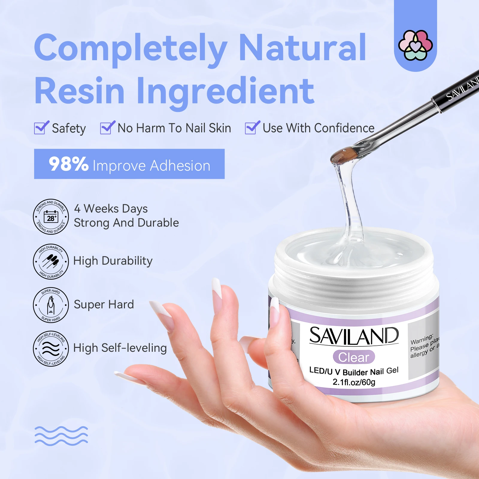 SAVILAND ビルダーネイルジェルキット 60g クリアネイルエクステンションセット 100枚のネイルフォームとネイルブラシ付き 初心者向けネイル強化剤