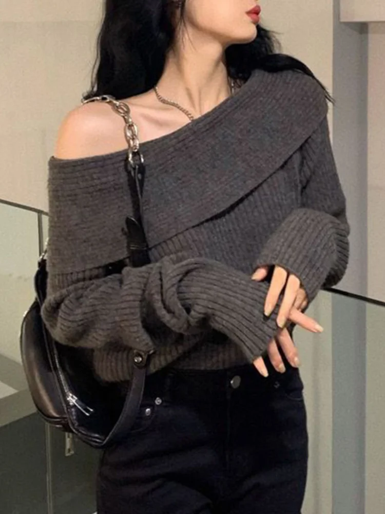 Women Sweater Off Shoulder Knitted Pullovers Female Korean Fashion Sexy Slash Neck Knitwear Top Lady Autumn Winter Slim Jumpers