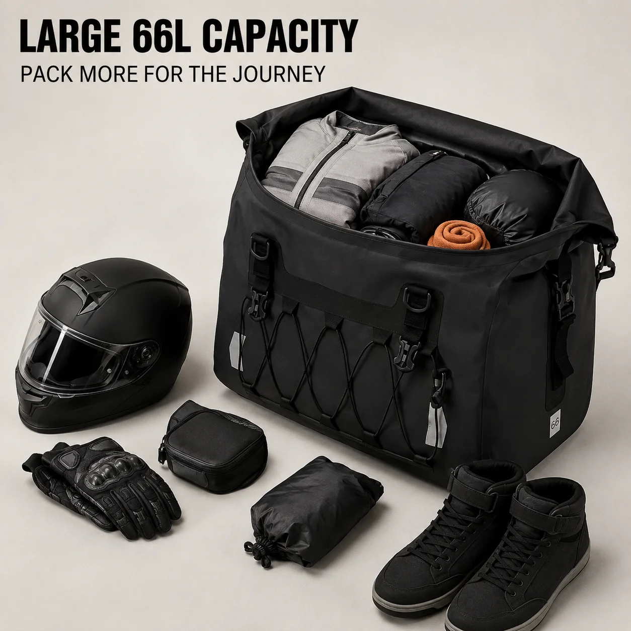 Large‑Capacity 66L Motorcycle Duffel Bag Outdoor Long‑Trip Storage Backpack Hand‑Carry Waterproof Luggage Bag With Bungee Net