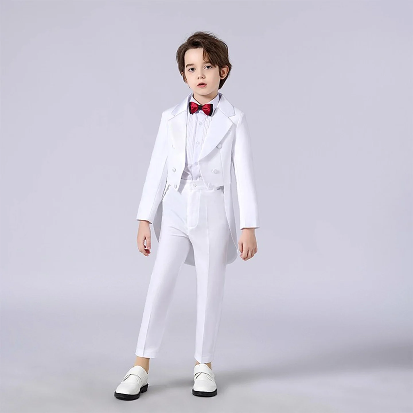 Elegant Boys' White Tailcoat Suit Set for Kids Wedding Party Stage Performance Gentleman Tuxedo Outfit with Classic Gentleman St
