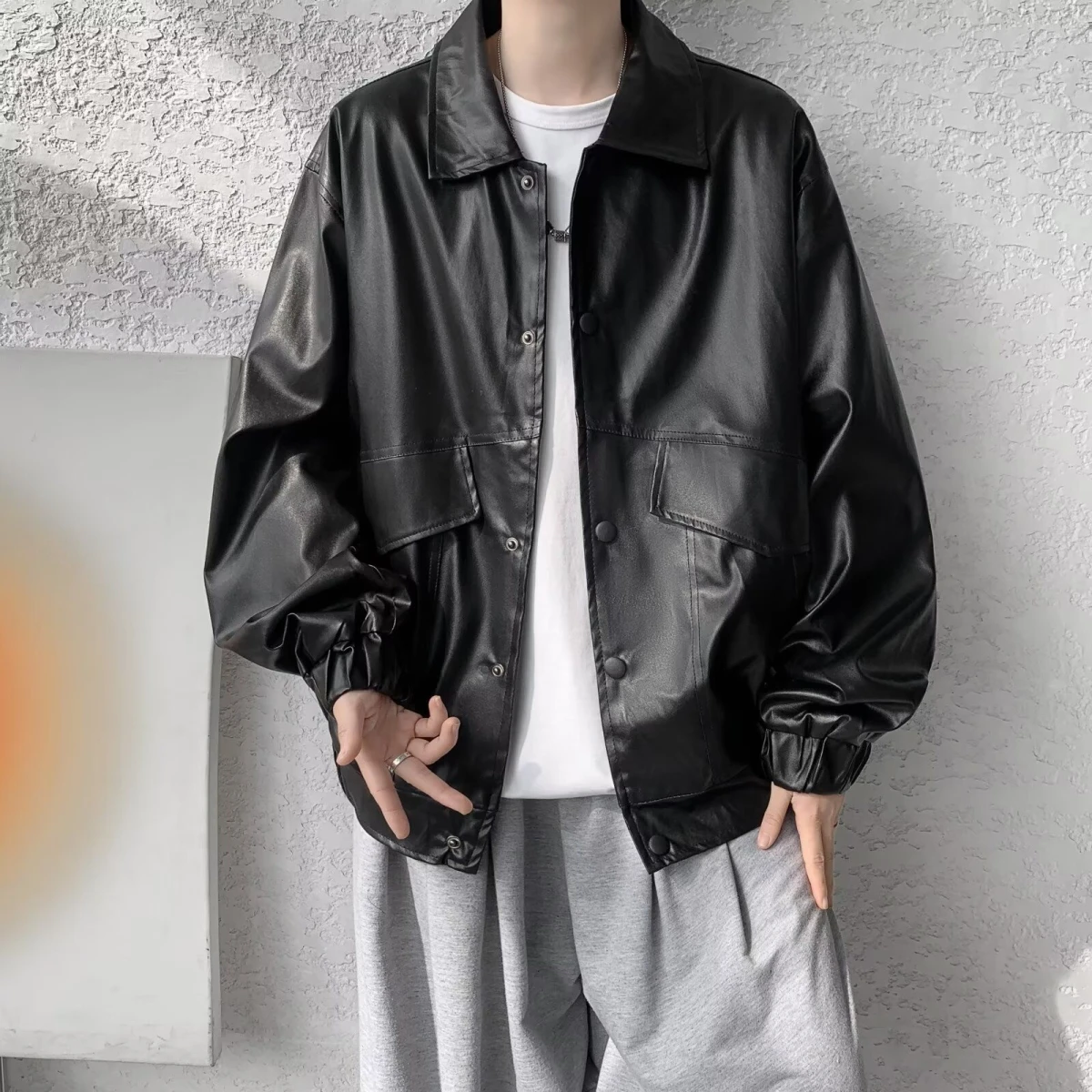 

Street Sle Loose Motorcycle Leather Jaet Men's Trendy Haome High-End Feeling Pilot PU Leather Jaet Outerwear