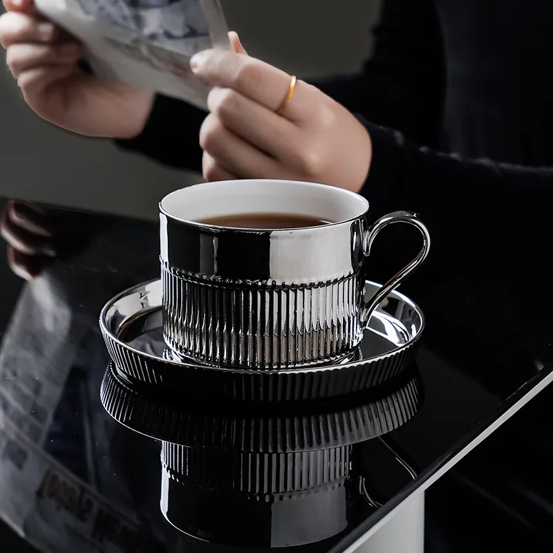 250ml Nordic Simple Silver Ceramic Coffee Cup And Plate Set Light Luxury Creative Lacquered French Home Office Afternoon Tea Cup