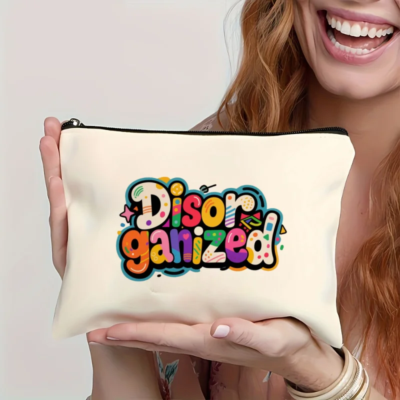 

1 шт. Разноцветная холщовая косметичка с двусторонним принтом, 9,6x7,1 дюйма, эстетичная косметичка-органайзер, дорожная сумка для туалетных принадлежностей