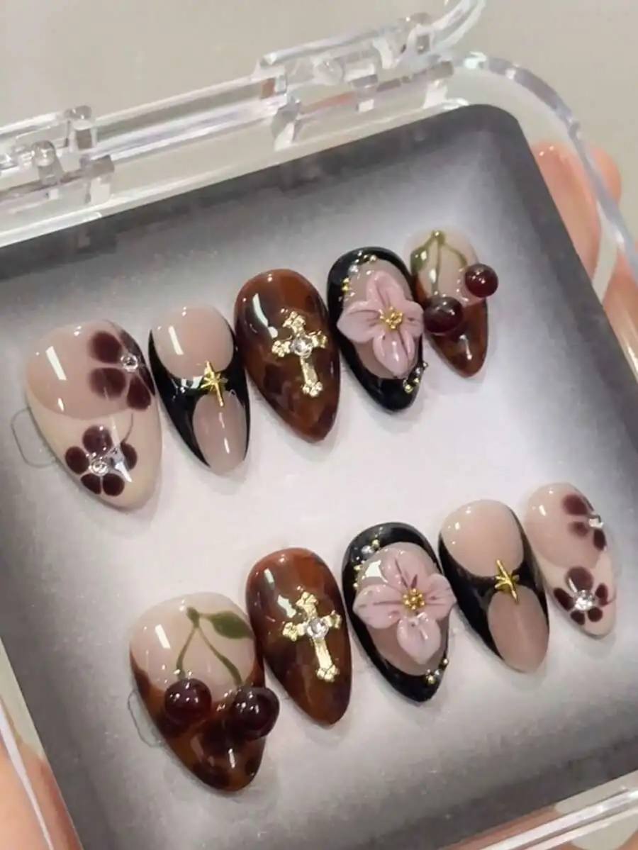 10pcs Retro Y2K Hand-Painted Floral Tortoiseshell 3D Burgundy Cherry Blossom Petal Nail Art Decorations