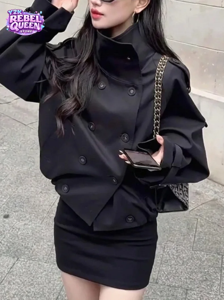 Korean Vintage British 2 Piece Set Women Stand Collar Double Breasted Cropped Trench Coat High Waist Bodycon Mini Skirt Slim