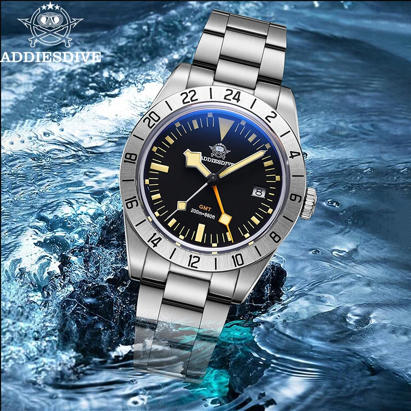 ADDIESDIVE 39mm Men Watch GMT Quartz Watch Bubble Mirror Glass Luminous 200M Waterproof Diving Watches AD2036 Relogio Masculino