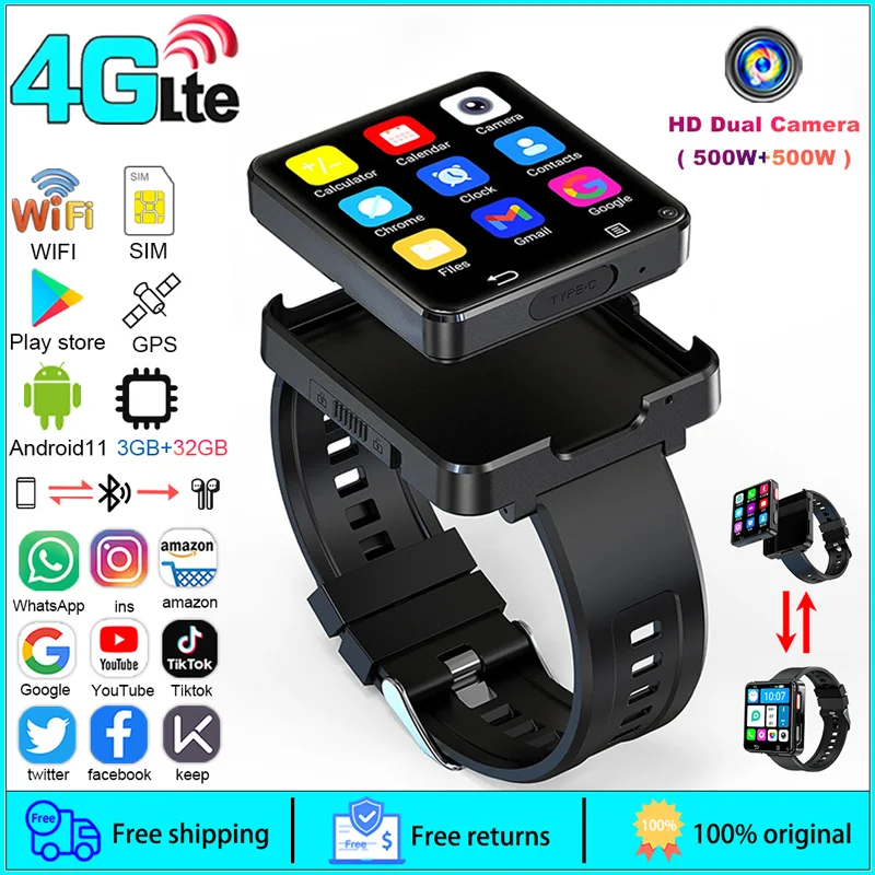 4G LTE Smartwatch 2.64-inch Big Screen Built-in GPS Dual Cameras 4G/WIFI Network Access 2024 SIM Card Smart Watch for Men Women