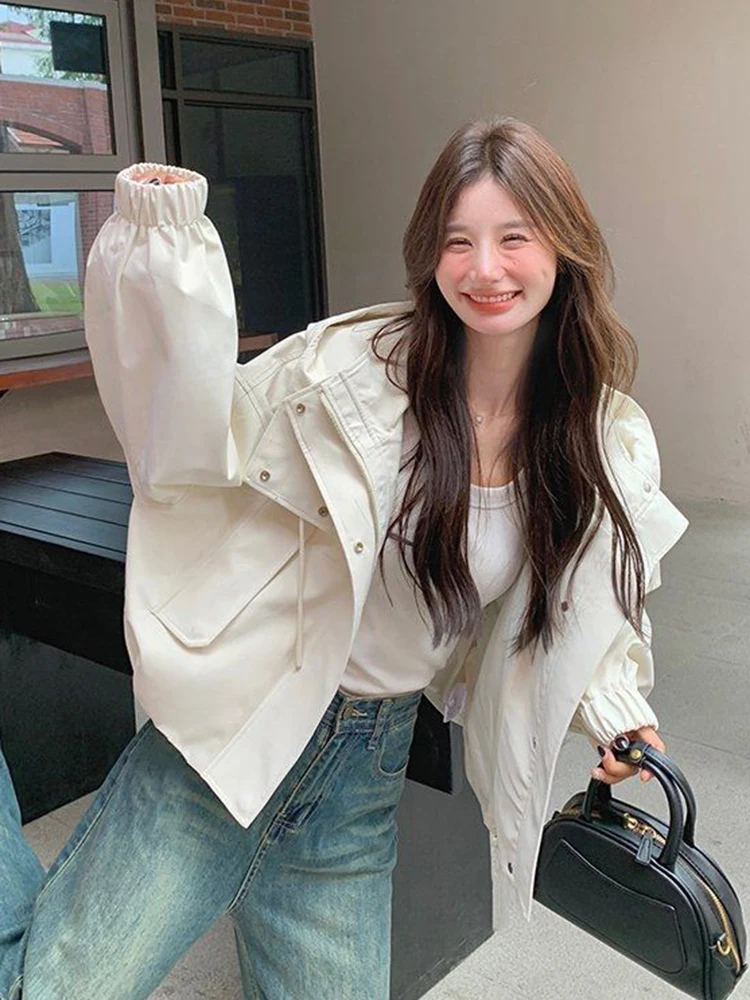 Vintage Sweet Women Cargo Jacket Loose Preppy Style Long Sleeve Hooded Coat Fall Retro Female Korean Casual Solid Simple Tops