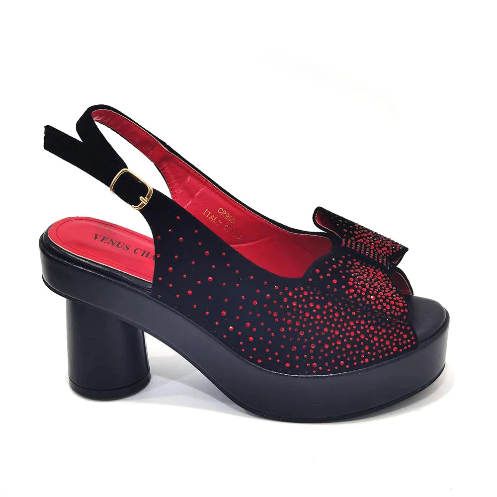 Red Color 2024 Fashion Square Heels with Platform African Women Shoes and Bag Set Full Crystal Pumps for Wedding Party