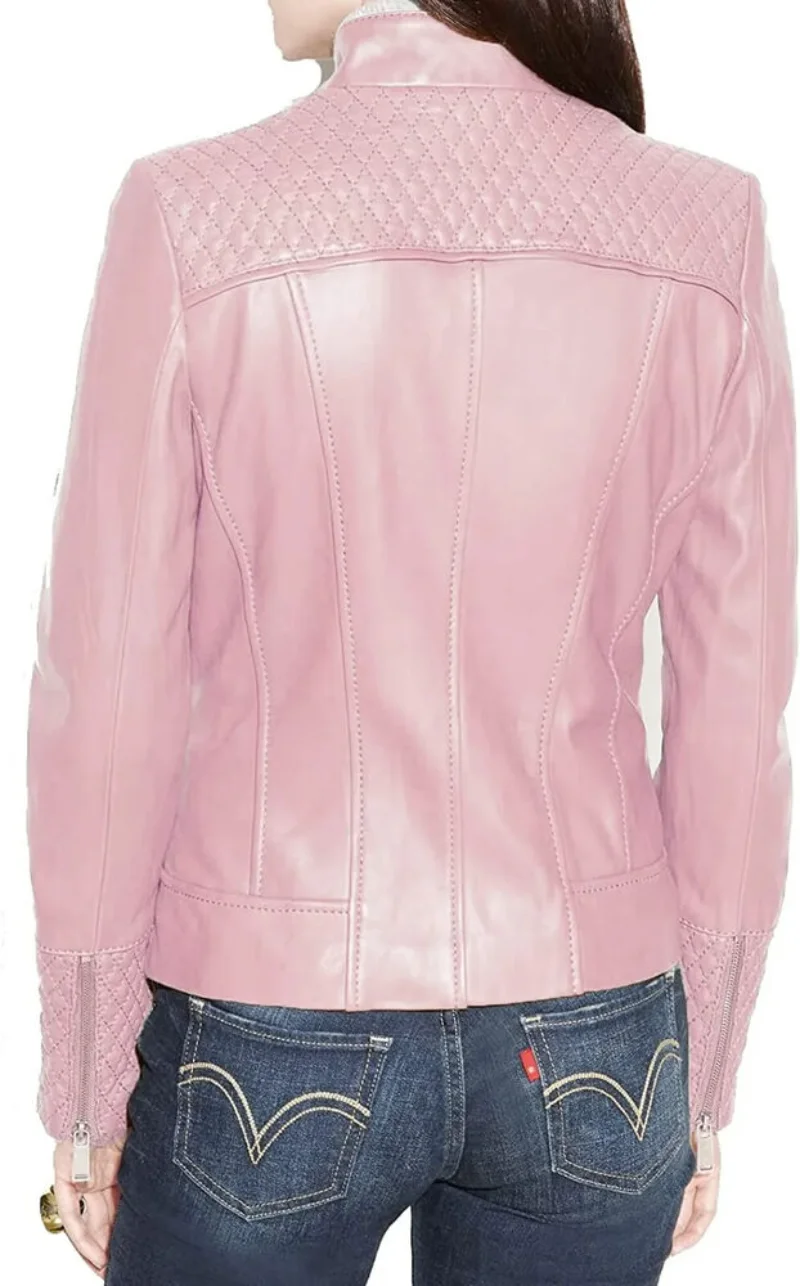 Trench-Coat en cuir rose pour femme, veste de moto en peau d'agneau à la mode