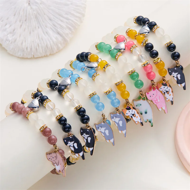 Passende magnetische Paar-Armbänder für Liebhaber, süßer Katzen-Anhänger, Freundschaftsschmuck, Naturstein-Perlen-Armreifen, Valentinstagsgeschenk – Detail 8