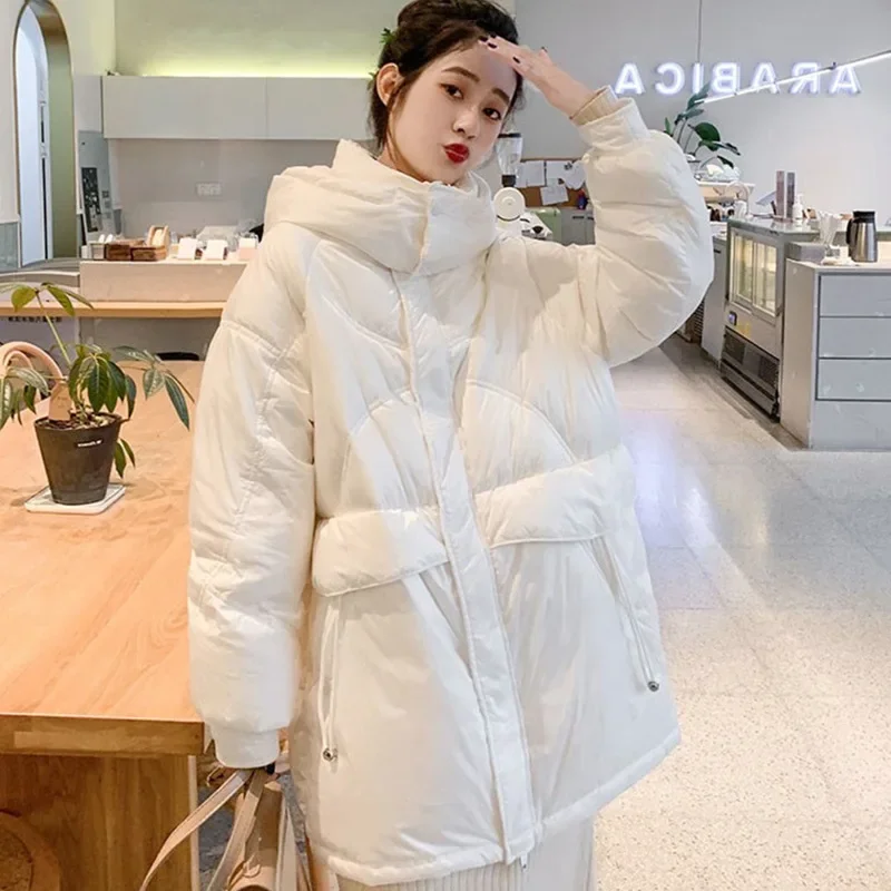 New Winter White Duck Down Coat Hooded Warm Puffer Jacket Women Irregular Fluffy Bubble Drawstring Waist Loose Down Jacket Women