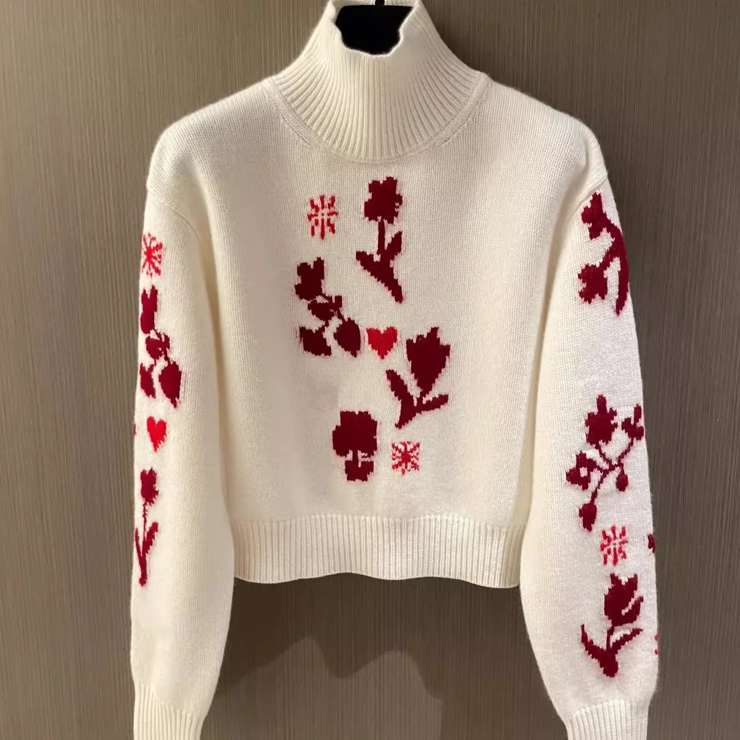 

Chinese style high neck snowflake flower jacquard short knitted sweater for women