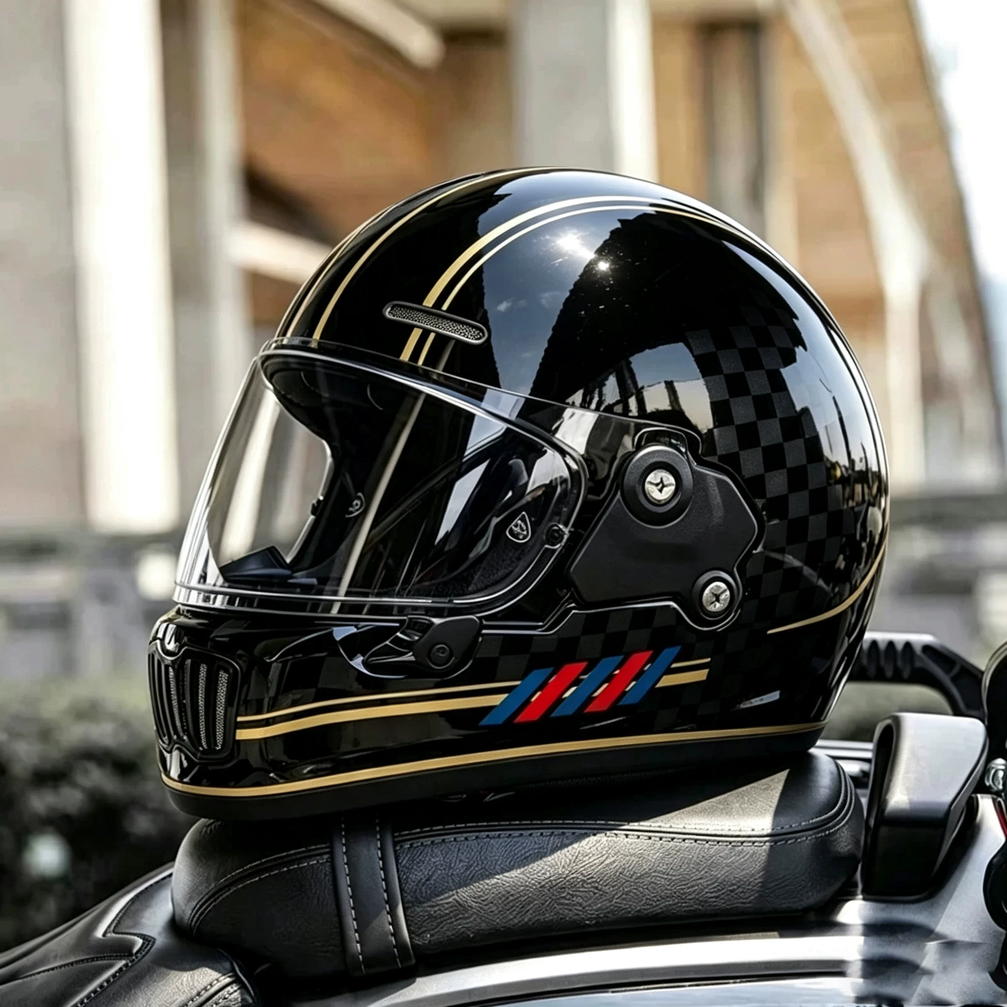 Retro Vintage Full Face Motorcycle Helmet Black White Checker Pattern Motorbike Helmet with Transparent Visor ABS Shell Adult Me