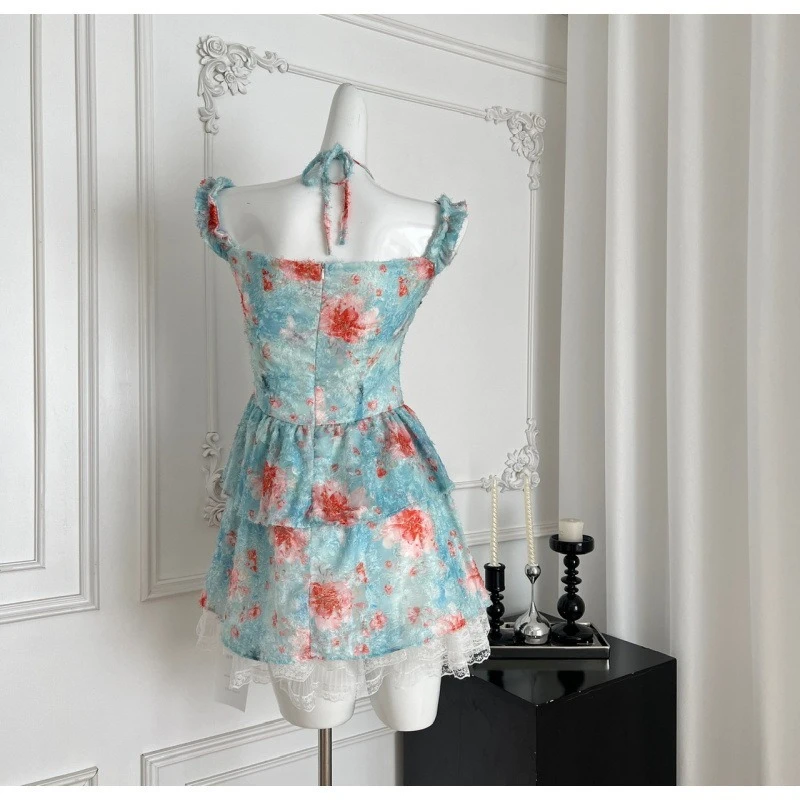 2025 Nuovo dolce pizzo loto floreale mini abito con spalle scoperte Romantico Fairycore sexy chic a-line ricamo trasparente abito vintage carino