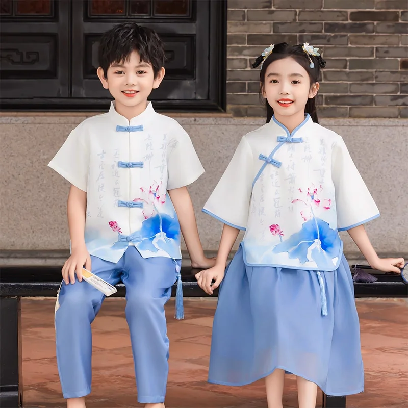 

Girls Chinese Tang Suit Kids Hip Hop Clothing Lotus Print Tops Light Blue Wide Pants Skirts for Boys Dance Costume Clothes