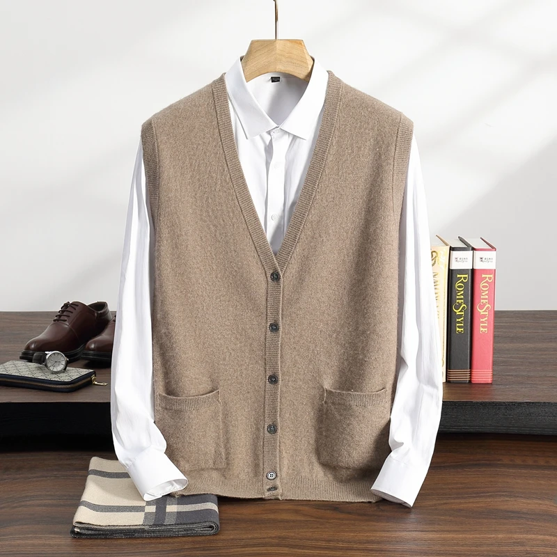 Spring and Autumn New Men's Sweater 100% Cashmere Knitwear Shoulder Sleeveless Bottom Vest Casual Business V-neck Cardigan