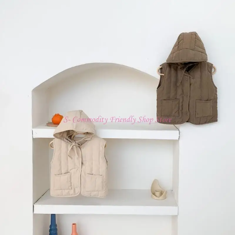 85AE Fashionable Kids Waistcoat Set Autumn Winter Baby Vest with Hat Sleeveless Warm Coat with Two Pockets Designing