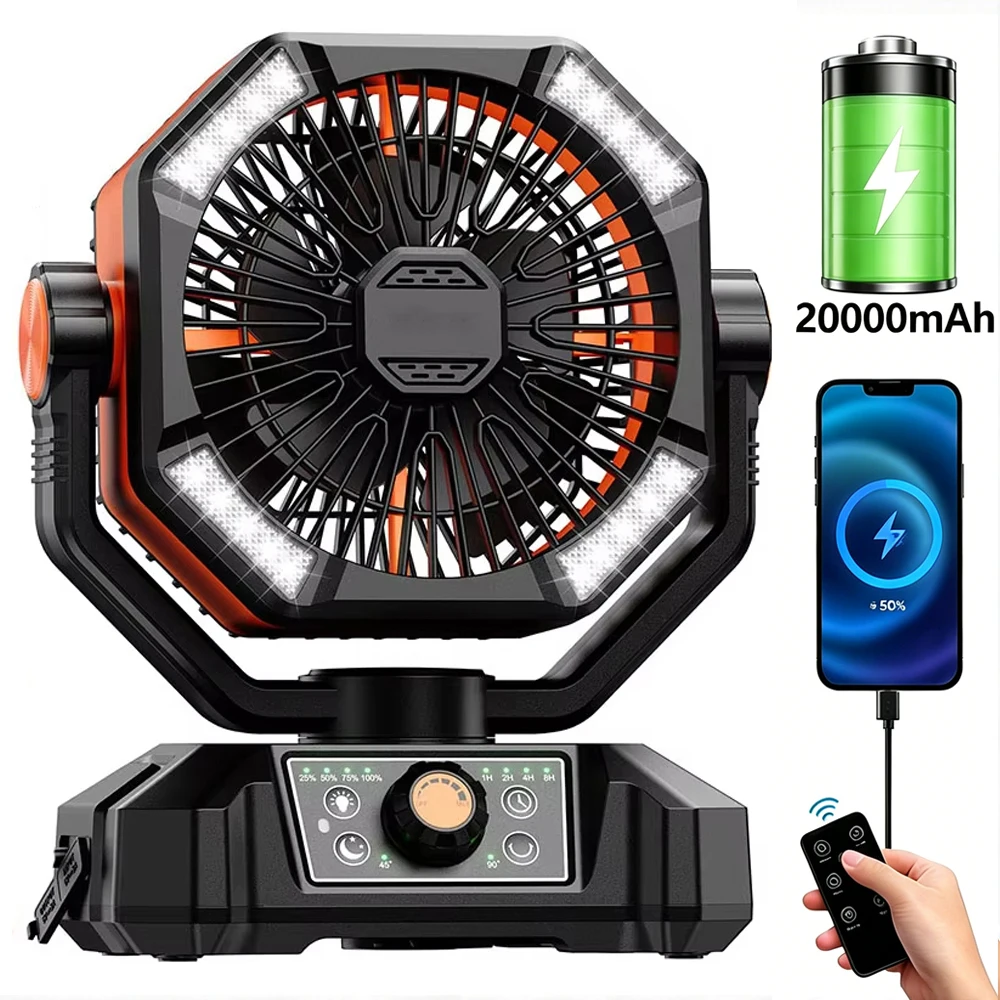 Ventola per radiatore Batteria da 20000 mAh Ventilatore da campeggio 4 Lanterna a LED Ventilatore da tavolo a 8 velocità Ventilatore esterno portatile per interruzioni di corrente della tenda Canti di