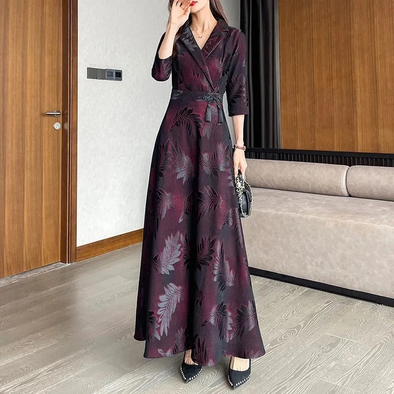 

2024 Spring Autumn New Chic Seven-point Sleeve Dresses Women's Fashion Slim Printed Oversize 4XL Windbreakers Base Long Dress