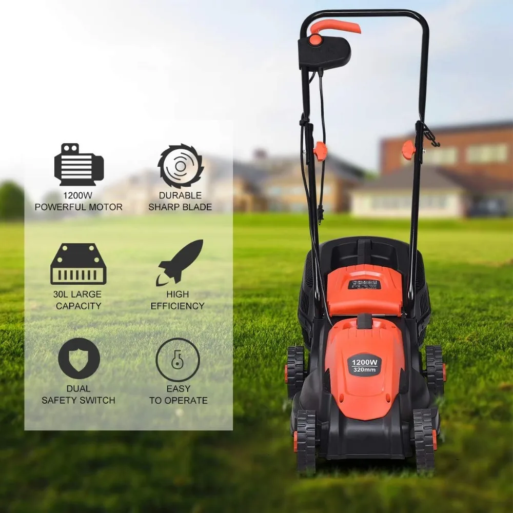 

Lawn Mower, 14 Inch 2-in-1 Electric Lawn Mower with Grass Collection Bag, Folding Handle, Adjustable Cutting Height,