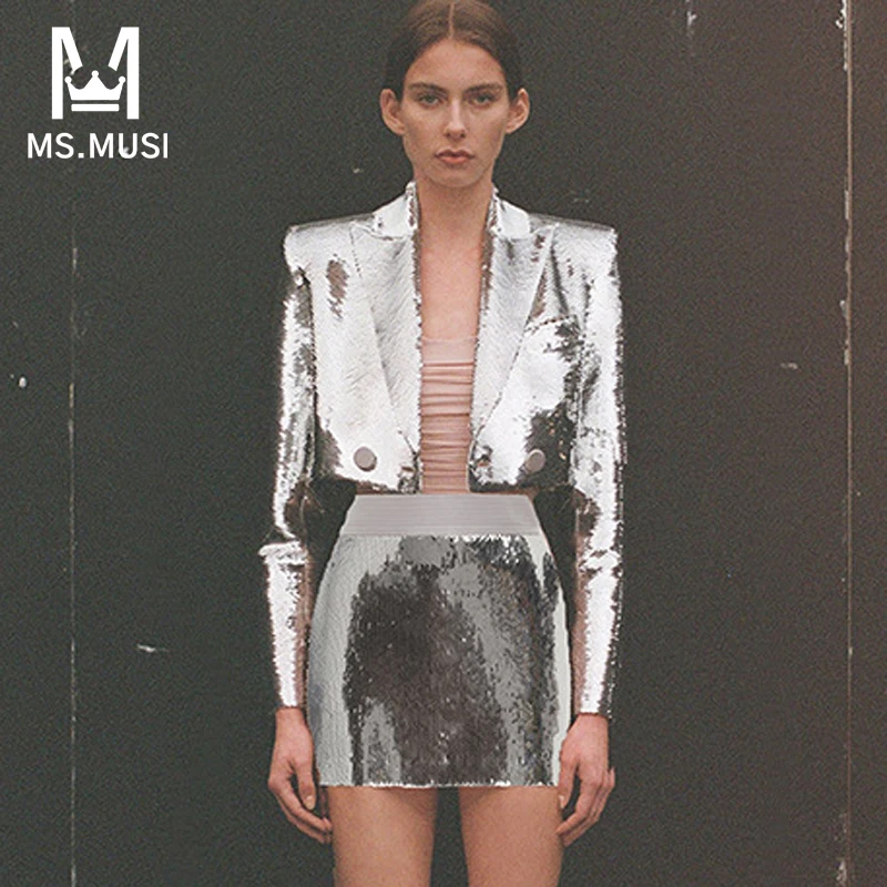 MSMUSI 2024 New Fashion Women Sexy Silver Sequins Two Piece Set Turn Down Collar Long Sleeve Blazer Top Lady Mini Skirt Set Suit