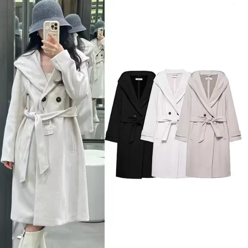 

Осень/зима, новое модное шерстяное пальто, свободное пальто с поясом, смешанная куртка с капюшоном, ветровка с v-образным вырезом, элегантная женская верхняя одежда