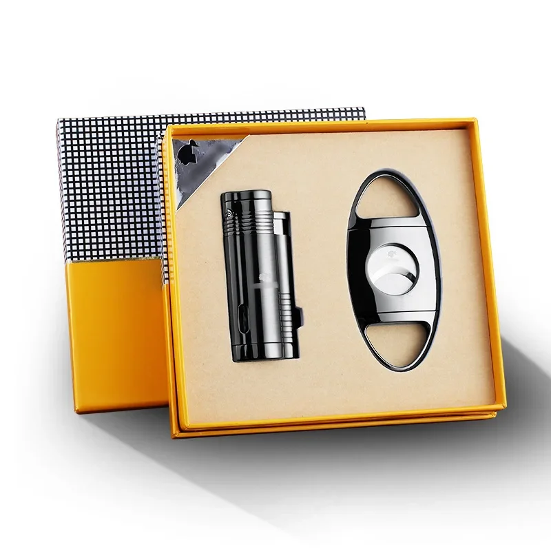 COHIBA High end Lighter Set 3 Torch Jet Flame with Double Edge Cigar Scissors Windproof Lighter Exquisite Gift Box for Men