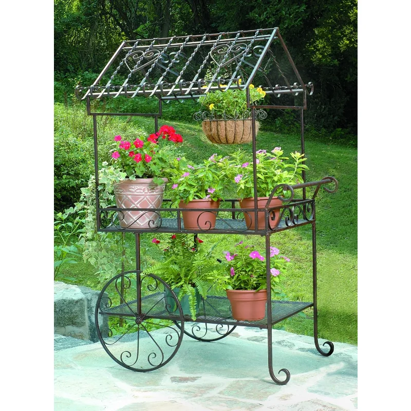 TC104 Duży stojak na rośliny w kształcie wózka kwiatowego, naturalna patyna