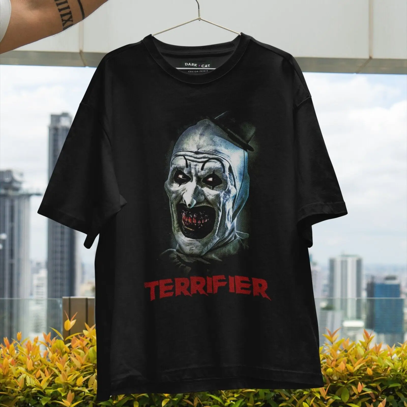 Vintage Horror Mask Graphic T-Shirt | Terrifier Inspired Art Tee | Scary Retro D