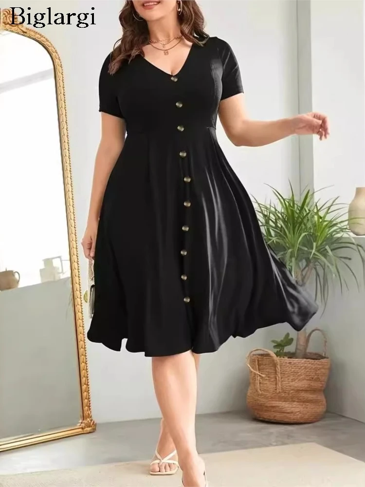 Plus Size Summer V-Neck Midi Dress Women Slim Fashion Short Sleeve Ladies Dresses A-Line Ruffle Pleated Loose Woman Dress