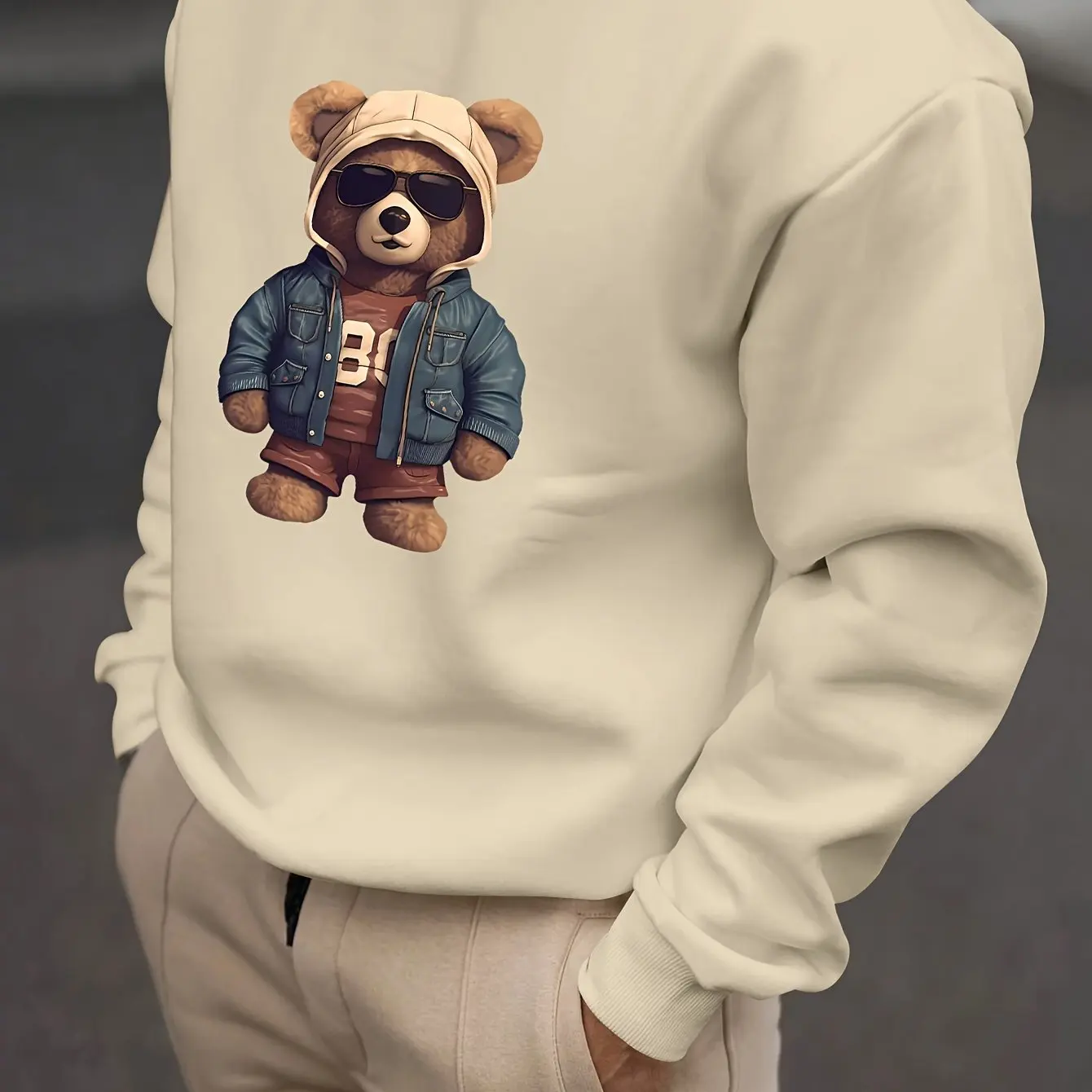 

Fashion Cute Bear Graphic Men's Sweatshirts Autumn Loose Breathable Long Sleeve Clothes Simple Design Loose Round Neck Pullovers