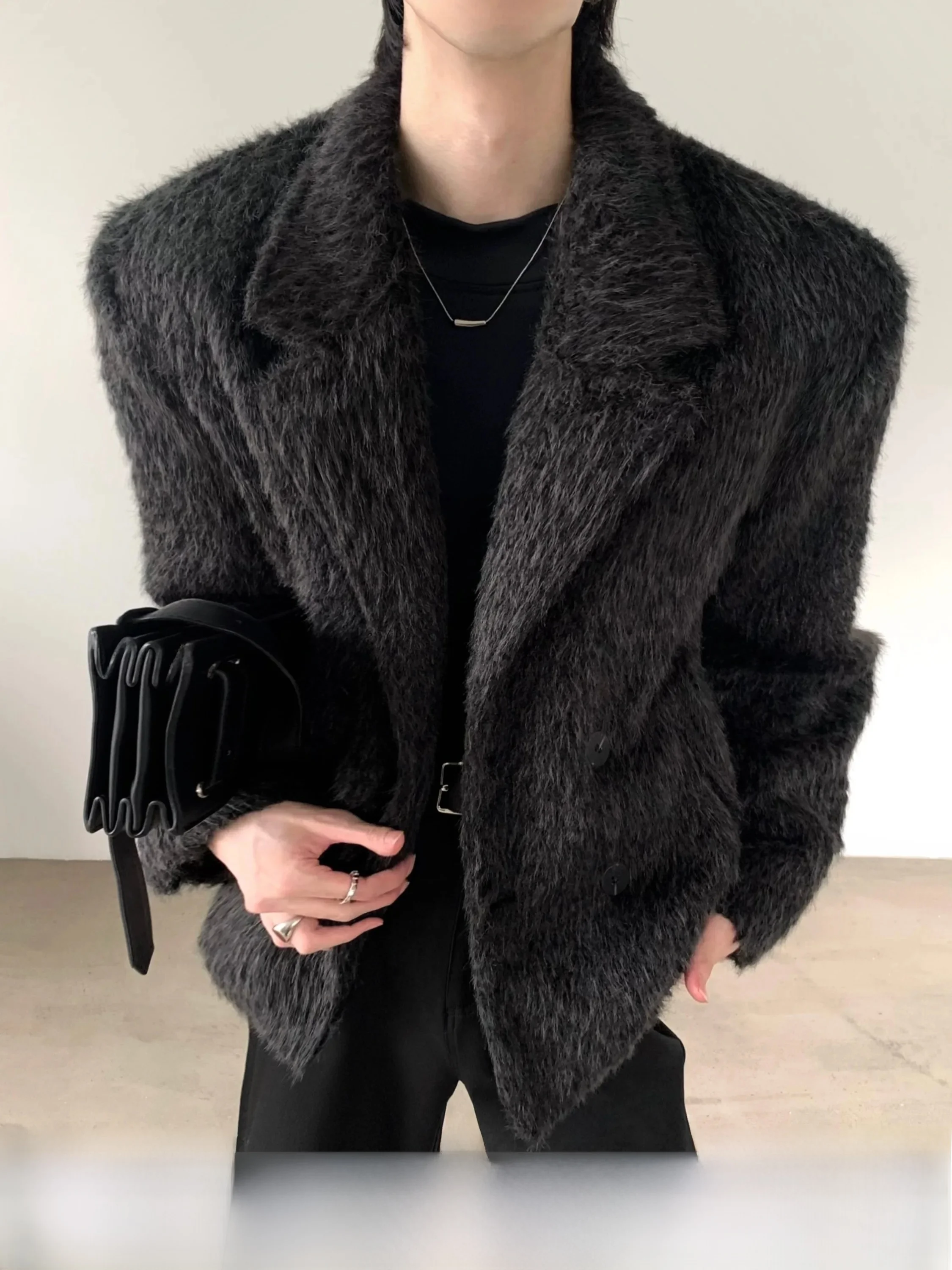 Fashionable Winter Men's Short Woolen Jacket Fake Mink Shoulder Padded Suit Coat Warm Cotton Youth Style Autumn Mountain Wind