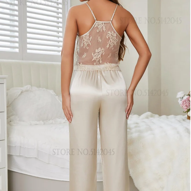 Women Lingerie Pajamas Set Sexy Perspective Patchwork Lace Cami Trouser Pijamas Suit Loose Silk Satin Home Clothes Loungewear