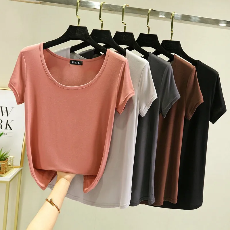 Solid color Women T-shirt U-Neck T Shirt Short Sleeve Casual Loose Summer female Tee Tops Plus size