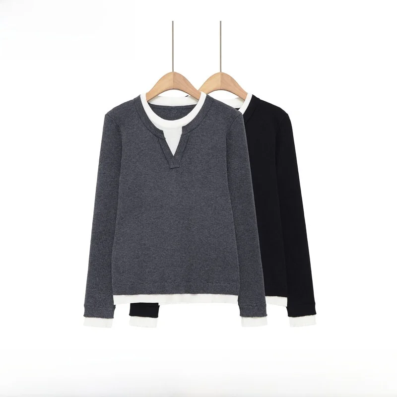 

Faionable ZR Sle Women's Slim Fit Knitted Sweater New Autumn Winter Ploy Two-Piece Look Polyester Fiber Long Sve