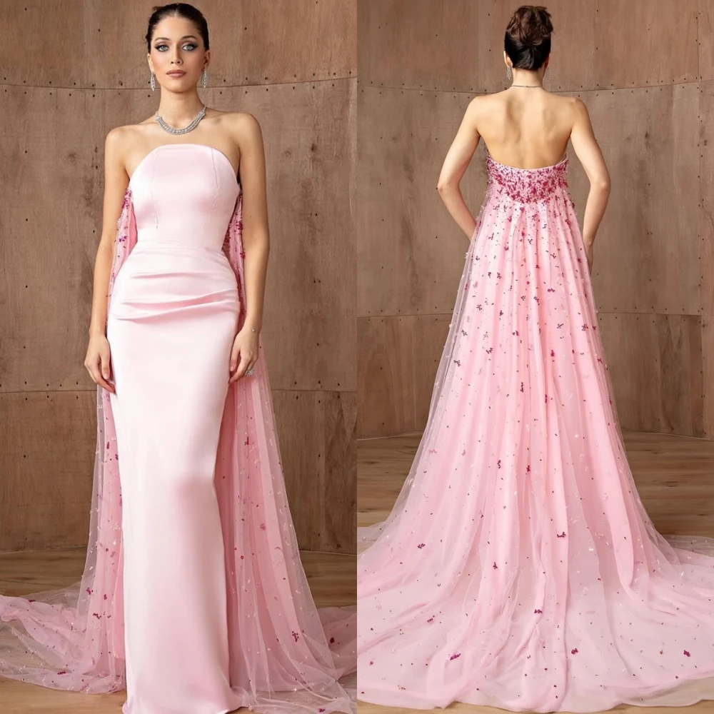 فستان سهرة أنيق مخصص من الساتان بدون حمالات، فساتين حفلة موسيقية مستقيمة كلاسيكية، فساتين مناسبة خاصة على شكل زهور