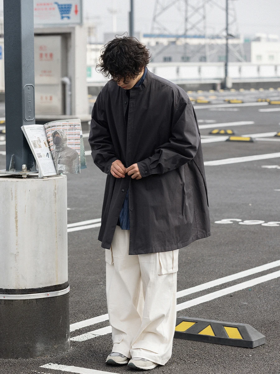 

Noears Japanese Style Retro Dark Grey Men's Loose Fit Long Single Buttoned Coat Thin Cotton Workwear Jacket Spring Outerwear