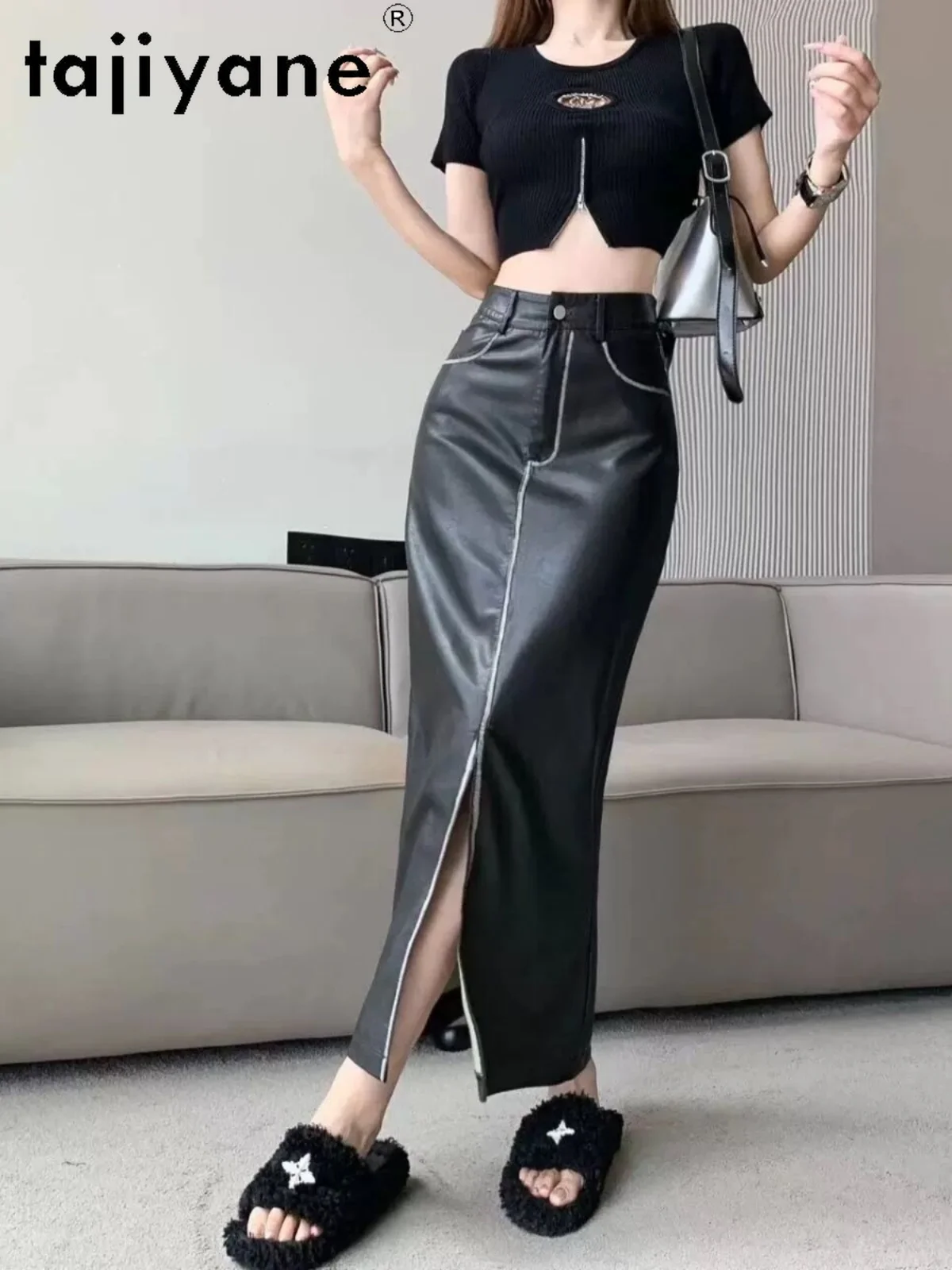 TAJIYANE Genuine Leather Long Skirt Real Sheepskin Black Split Skirts for Woman 2025 Spring Elegant Women Clothing Бюстгальтер