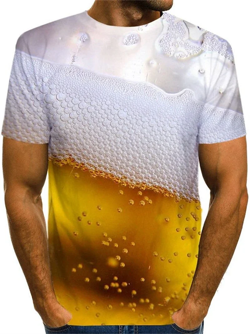 Men's Beer Foam Print T-Shirt 3D Realistic Crew Neck Short Sleeve Casual Streetwear Breathable Tee