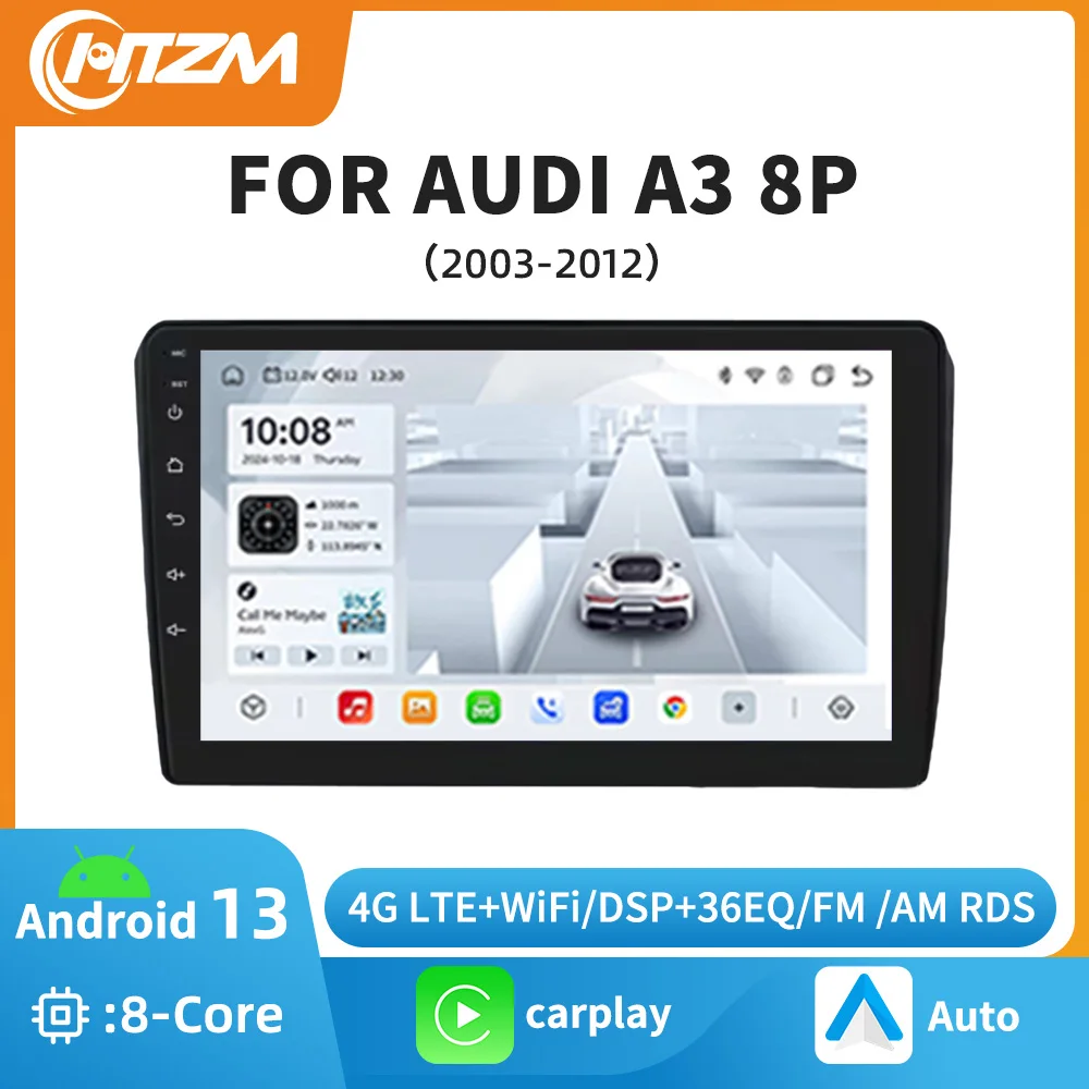 HTZM  2 Din Android 13 Car Radio For Audi A3 8P 2003-2011 2012 Carplay Intelligent System Stereo Screen 4G RDS Multimedia Wifi