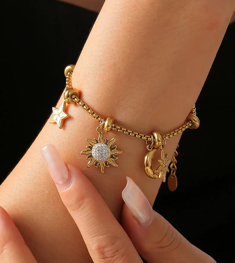 316l Edelstahl Kreuz Mond Sterne Anhänger Armreif Frauen Vintage Strass Herz Armband Luxus vergoldeten Schmuck Geschenk – Detail 7