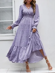 Vestido Women Dress Dot Print Long Sleeve Midi Dresses Elegant Fashion V-Neck Frock A-line Boho Ruffle Hem Skirt Autumn Summer