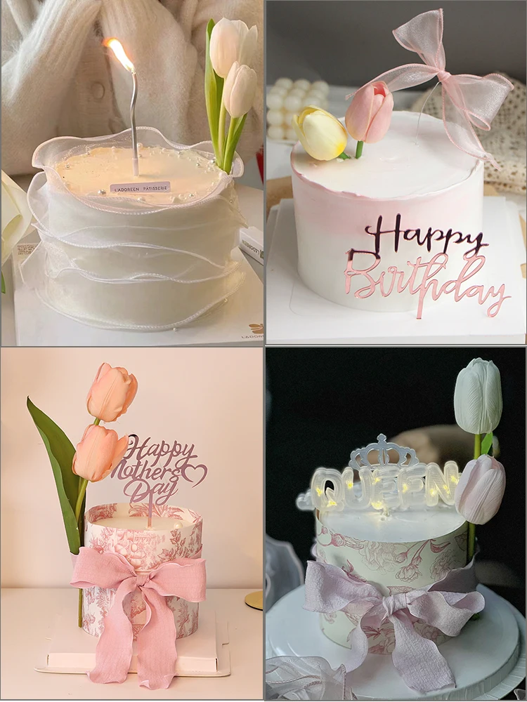 

Tulips Realistic Artificial Flower DIY Birthday Mother's day Anniversary Cake Ornament Fake Flor Bouquet Room Wedding Decoration