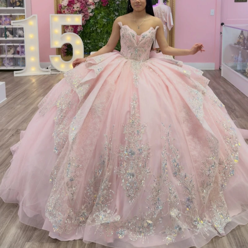 

Pink Shiny Quinceanera Dresses Ball Gown Off The Shoulder Applique Lace Beading Crystal Bow Corset Party Birthday Sweet 16 Dress